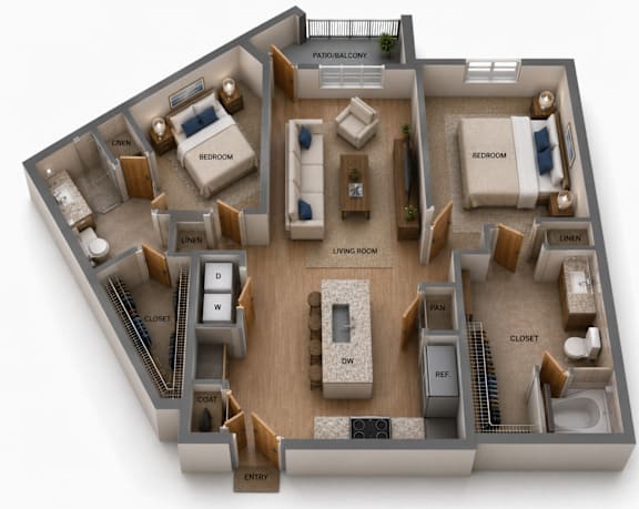 Floor Plan  A 3D floor plan of a house with labeled rooms.