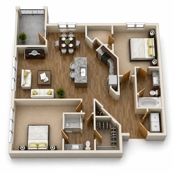 A top-down view of a house layout with a living room, kitchen, and bathrooms.