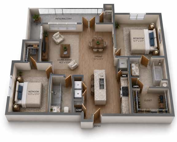 Floor Plan  A 3D floor plan of a house with a living room, dining room, kitchen, and multiple bedrooms.