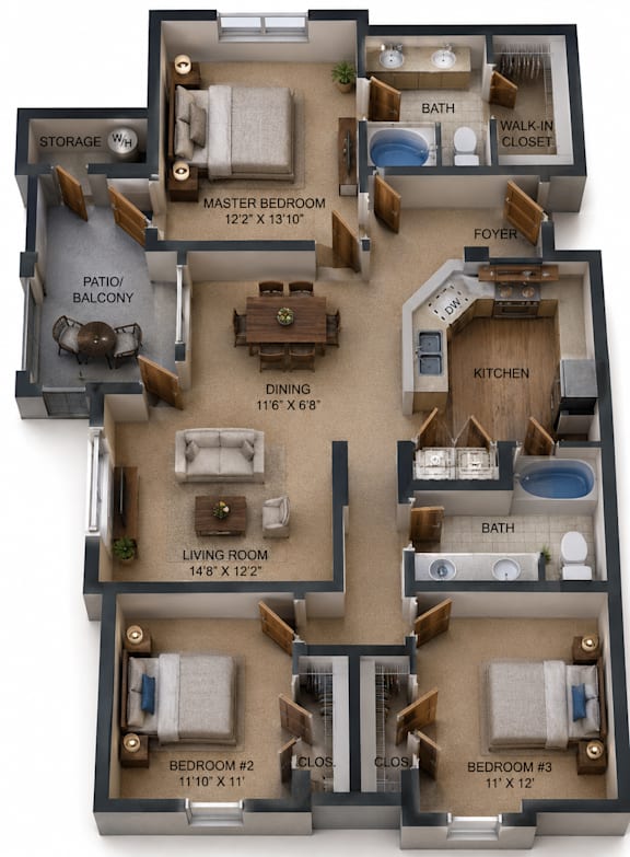 Floor Plan  Large Three Bedroom & Two Bathroom. Wrap Around Kitchen open to the Living Room and Dining Room. Private Patio with Storage Closet.