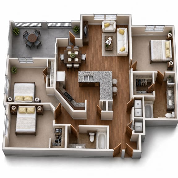 A top-down view of a house layout with a living room, dining room, kitchen, and multiple bedrooms.