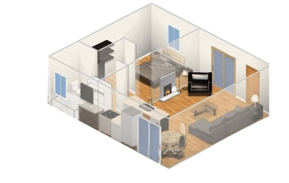 Floor Plan  a floor plan of a room with a fireplace and a couch
