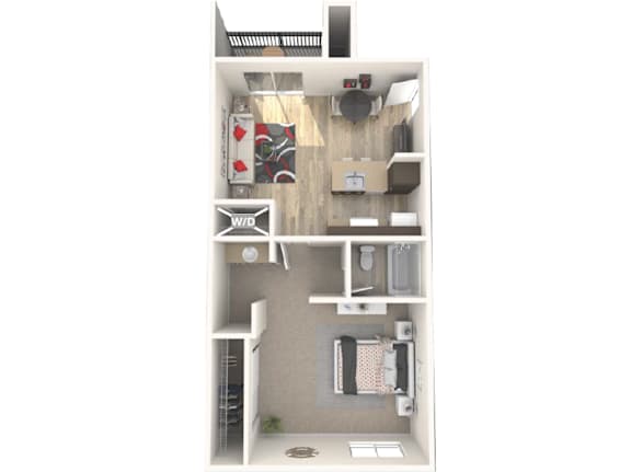 Floor Plan  A floor plan of a small apartment with a kitchen, living room, and bathroom.