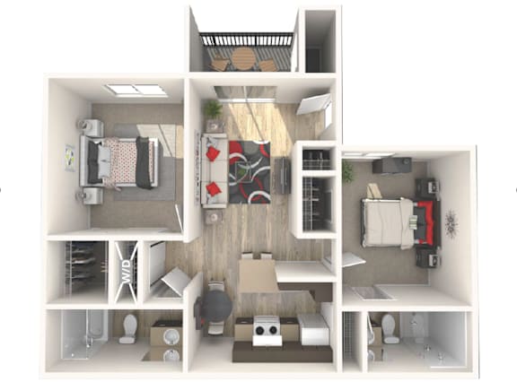 Floor Plan  A 3D floor plan of a small apartment with a kitchen, living room, and bedroom.