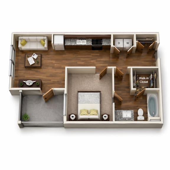 A 3D floor plan of a small apartment with a living room, kitchen, and bathroom.