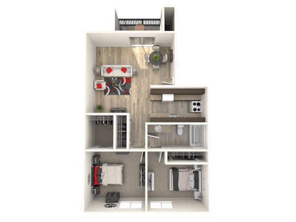 Floor Plan  A 3D floor plan of a house with a kitchen, living room, and bathroom.