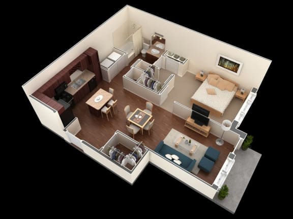 1 bed 1 bath floor plan at Overlook at Stone Oak Park Apartments, San Antonio, TX