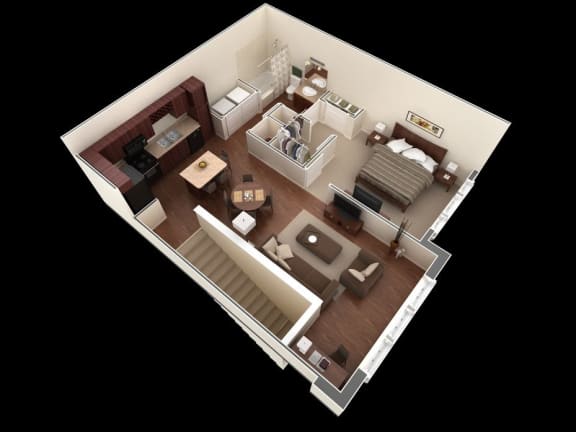 1 bed 1 bath floor plan A at Overlook at Stone Oak Park Apartments, San Antonio, 78258