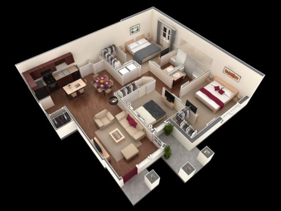 3 bed 2 bath floor plan at Overlook at Stone Oak Park Apartments, San Antonio, TX
