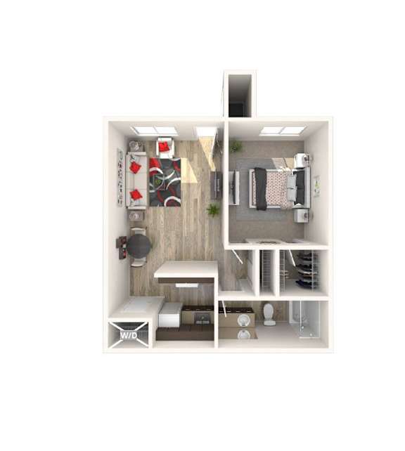 Floor Plan  A 3D floor plan of a small apartment with a kitchen, living room, and bathroom.
