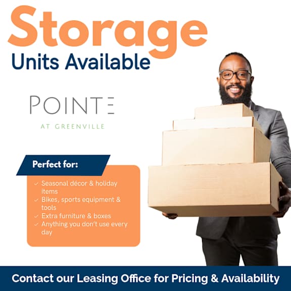 A man holding a stack of boxes with the text "Storage Units Available" and "Perfect for:" followed by a list of items.