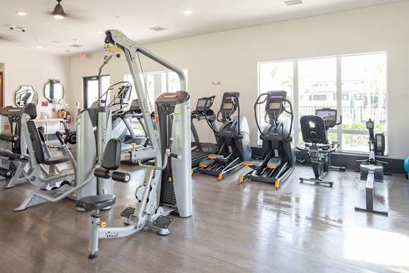 A gym with a variety of exercise equipment including treadmills, stationary bikes, and weight machines at Avli, Tampa, FL.