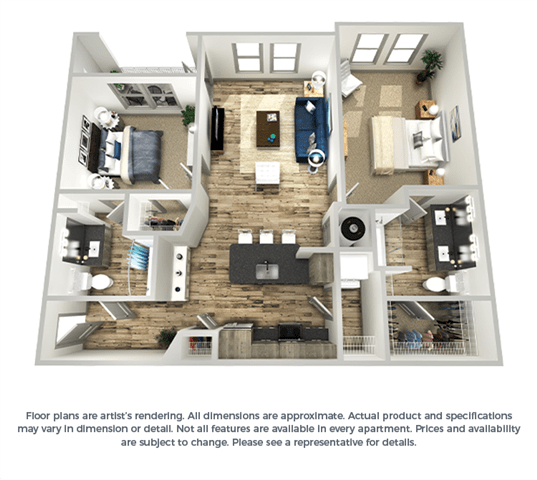 The crimson 2-bed, 2-bath floor plan layout at Coda Orlando