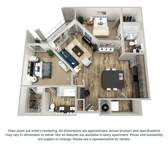 The cyan 2-bed, 2-bath floor plan layout at Coda Orlando