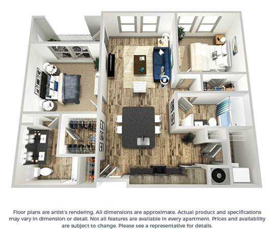 The indigo 2-bed, 2-bath floor plan layout