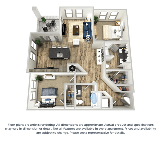 The saffron 2-bed, 2-bath floor plan layout at our Orlando apartment rentals