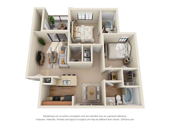 A 3D floor plan of an apartment with multiple rooms.