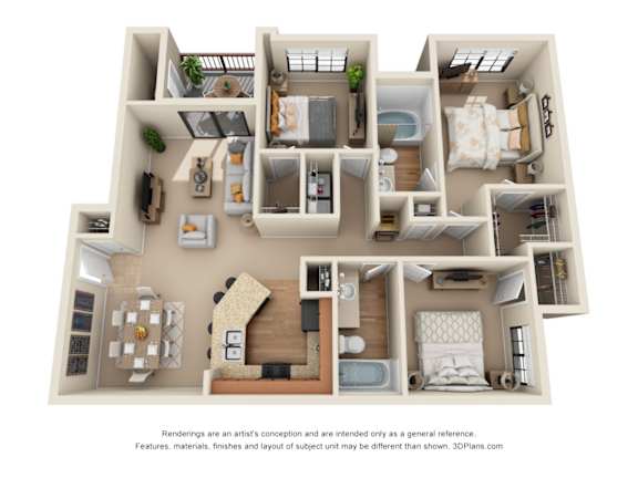 A 3D floor plan of an apartment with three bedrooms and furniture.