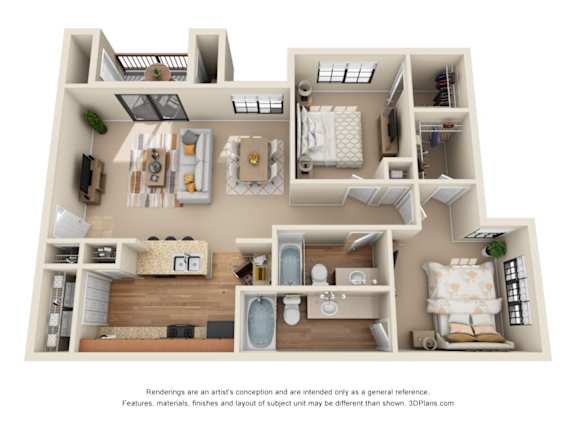 A 3D floor plan of an apartment with multiple rooms.