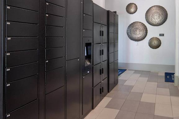 Package locker room with decorative wall art at TRAILSIDE VERDAE Apartments, GREENVILLE, SC