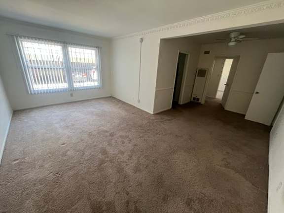 A room with carpeted floor and a window with blinds.