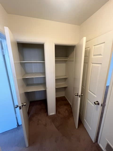 A white closet with shelves and doors.