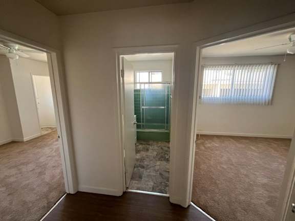 A room with a carpeted floor and a doorway leading to a bathroom.