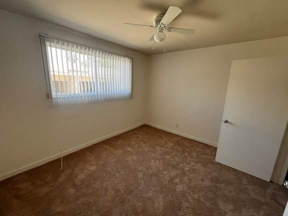 A room with a carpeted floor, a ceiling fan, and a window with blinds.