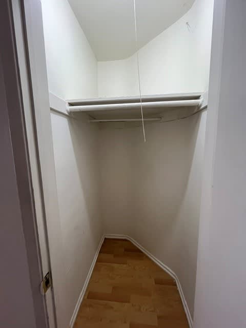 A small, empty closet with a wooden floor.