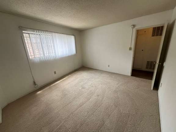 A room with a carpeted floor and a window with blinds.