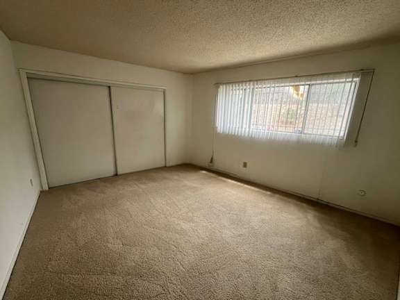 A room with a carpeted floor, a window with blinds, and a door.