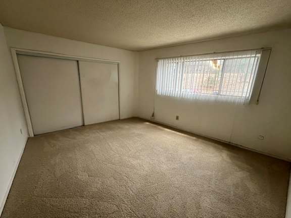 A room with a carpeted floor and a window with blinds.