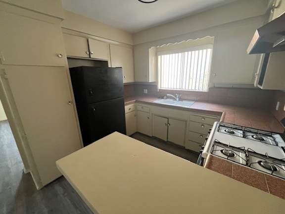 A kitchen with a black fridge, white countertop, and a window with blinds.