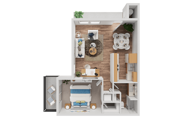 A 3D floor plan of a small apartment with a living room, kitchen, and bathroom.