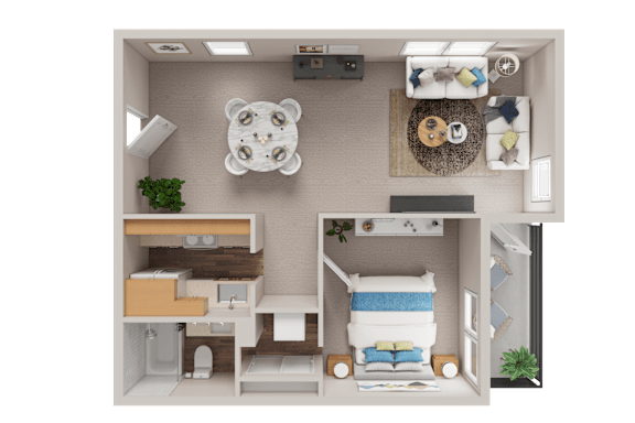 A 3D floor plan of a small apartment with a kitchen, living room, and bedroom.