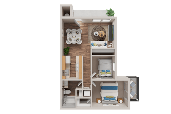 A 3D floor plan of a small apartment with a bedroom, living room, and kitchen.