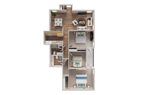 A 3D floor plan of a house with a kitchen, living room, and bedrooms.