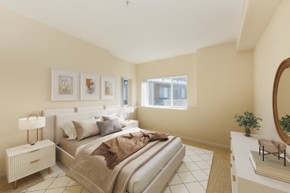 a bedroom with a large bed and a window  at Addison Ranch Apartments, Petaluma, CA