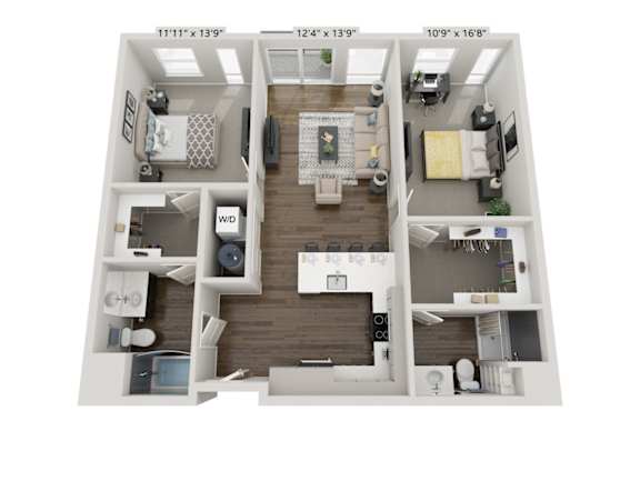 A floor plan of a two-bedroom apartment with dimensions.