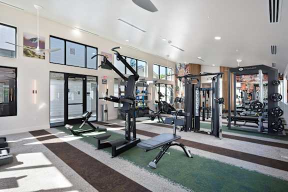 A gym with a variety of equipment including treadmills, weights, and exercise machines.