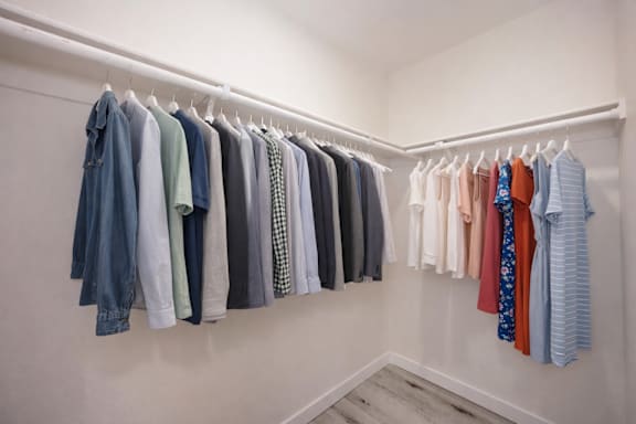 A row of clothes hanging on a rack.