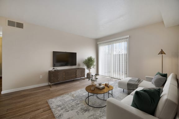 an apartment living room with a couch and a tv
