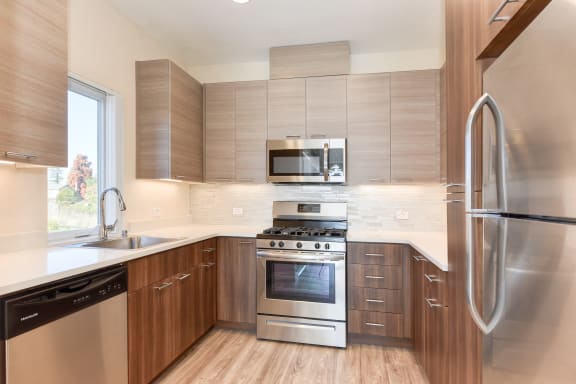 Kitchen with Hardwood Inspired Floors, Stainless Steel Fridge/Freezer. Dishwasher, Oven, Microwave