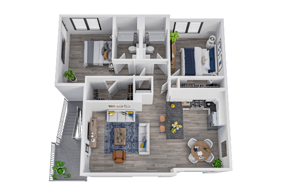 A top-down view of a house interior with a kitchen, living room, and bedrooms.