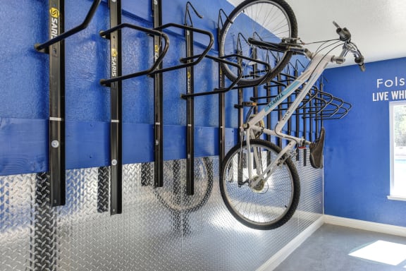 community bike storage room where bikes are hung property onto the wall.at Folsom Ranch, Folsom, CA, 95630