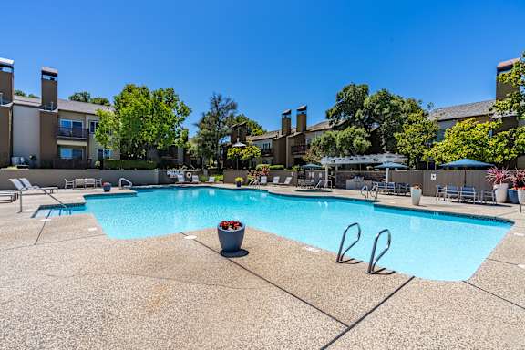A large swimming pool surrounded by lounge chairs and trees at Folsom Ranch, Folsom, CA, 95630