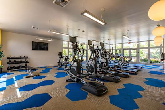 A gym with blue mats and exercise equipment at Folsom Ranch, Folsom, CA, 95630