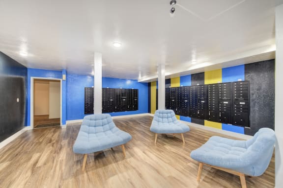Package room with wall-to-wall package lockers and seating. at The Retreat at Walnut Creek, Walnut Creek, California