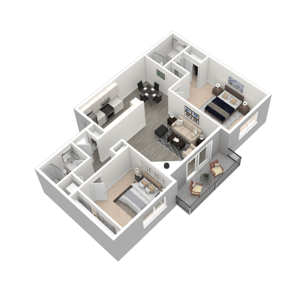 Renovated Style 2 Bedroom, 2 Bathroom 3D Floor Plan