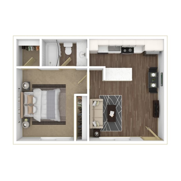 One Bedroom, One Bathroom Floor plan 3D furnished image at Pinecrest Apartments, Davis ,95616